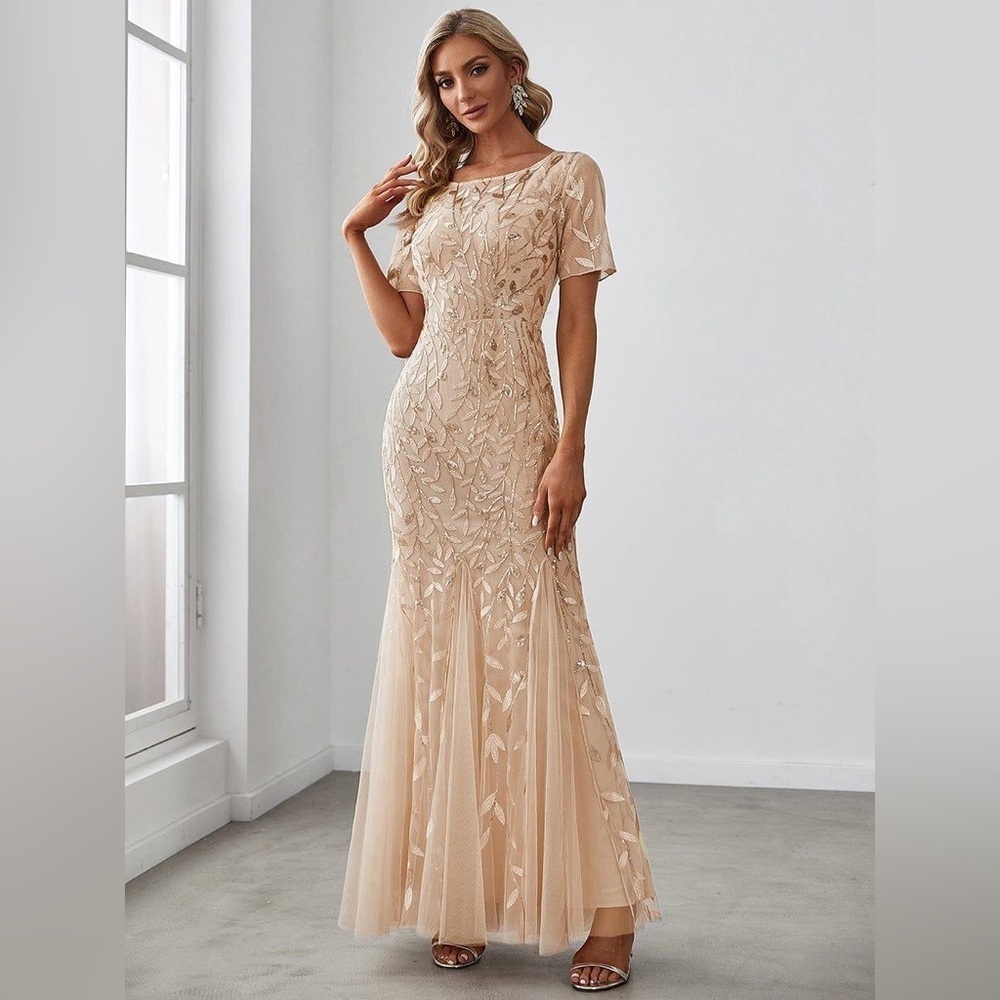 🆕 Floral Sequin Print Maxi Long Fishtail Formal Dresses With Half Sleeve